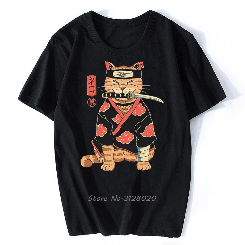 Anime Samurai Cat T Shirt Men Japanese Ukiyo-E Ninja Cat Print T-Shirt Men Cotton Tshirt Fashion Streetwear Harajuku Tees
