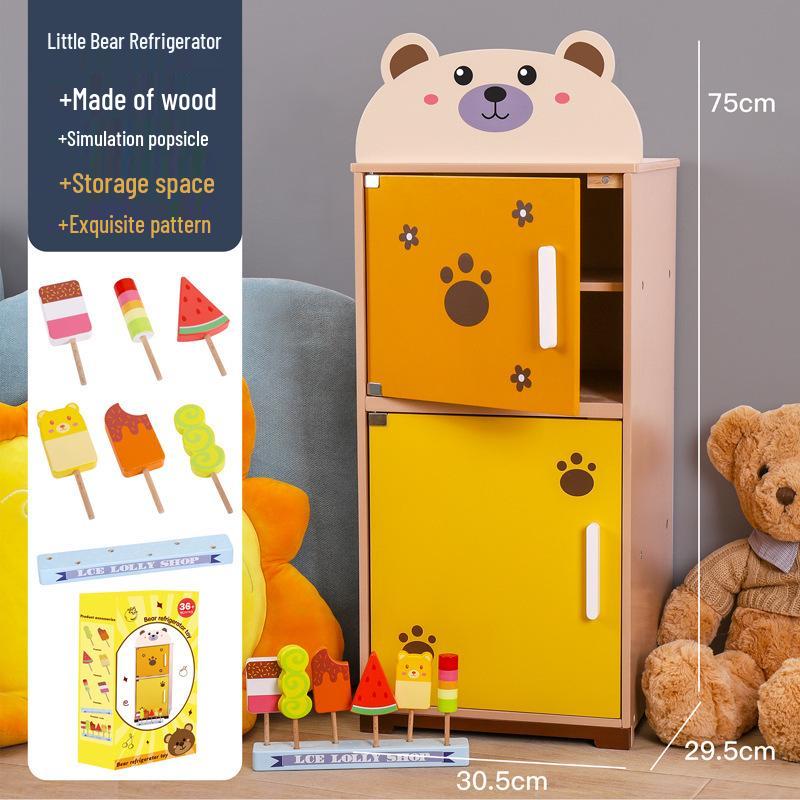 Wooden Play Kitchen Set: Bear Refrigerator, Stove, BBQ Cart, Food, and Vegetables Simulation Toy
