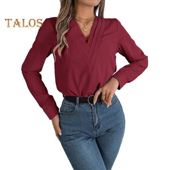 

Женская рубашка с многослойным воротником, V-образным вырезом, длинным рукавом, однотонные топы свободного кроя, повседневные топы, дышащая повседневная одежда S вино красного