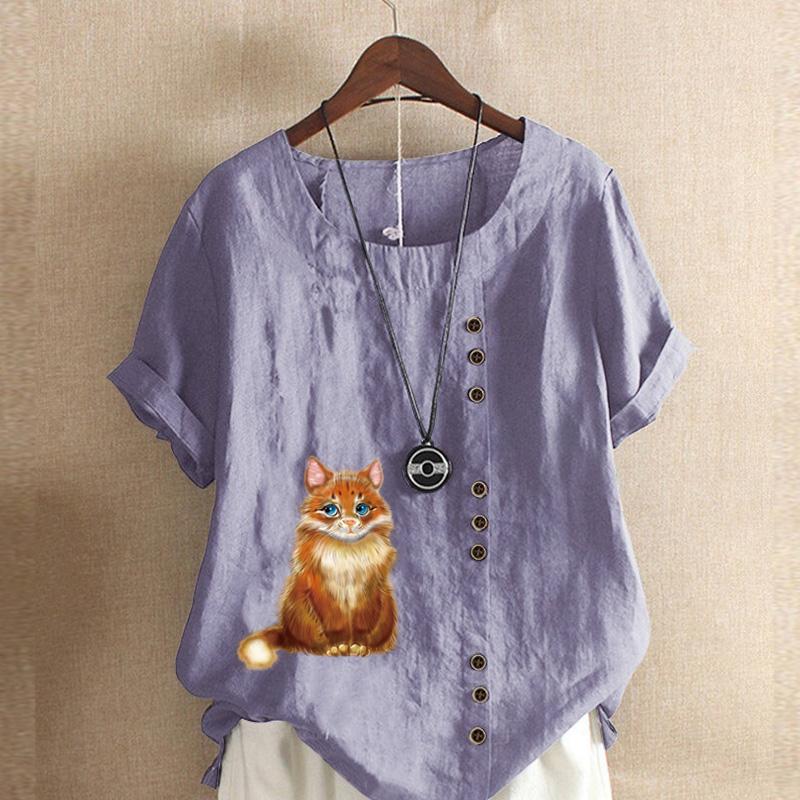 

Женская мода футболка с коротким рукавом и круглым вырезом, повседневная хлопковая льняная рубашка с рисунком, свободная летняя блузка с милым котом, топы для отдыха, большие размеры S фиолетовый