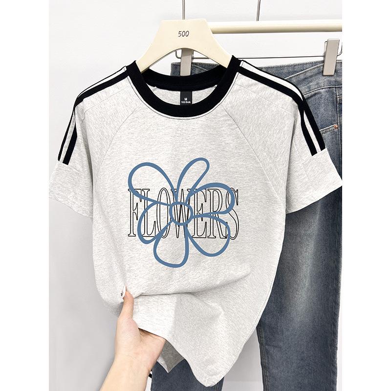 

Plus Size Women s Floral Print Short Sleeve T-Shirt - Trendy, Loose, Casual Fashion Small білий/сірий колір