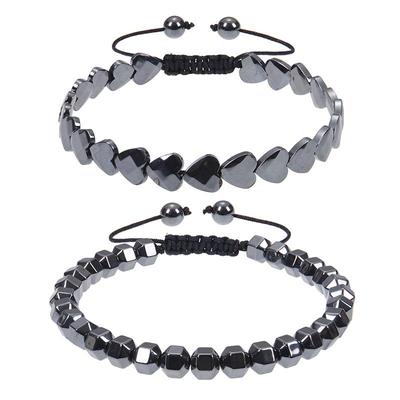 Heart-Shaped Black Magnetic Hematite Bracelet - Adjustable Woven Design
