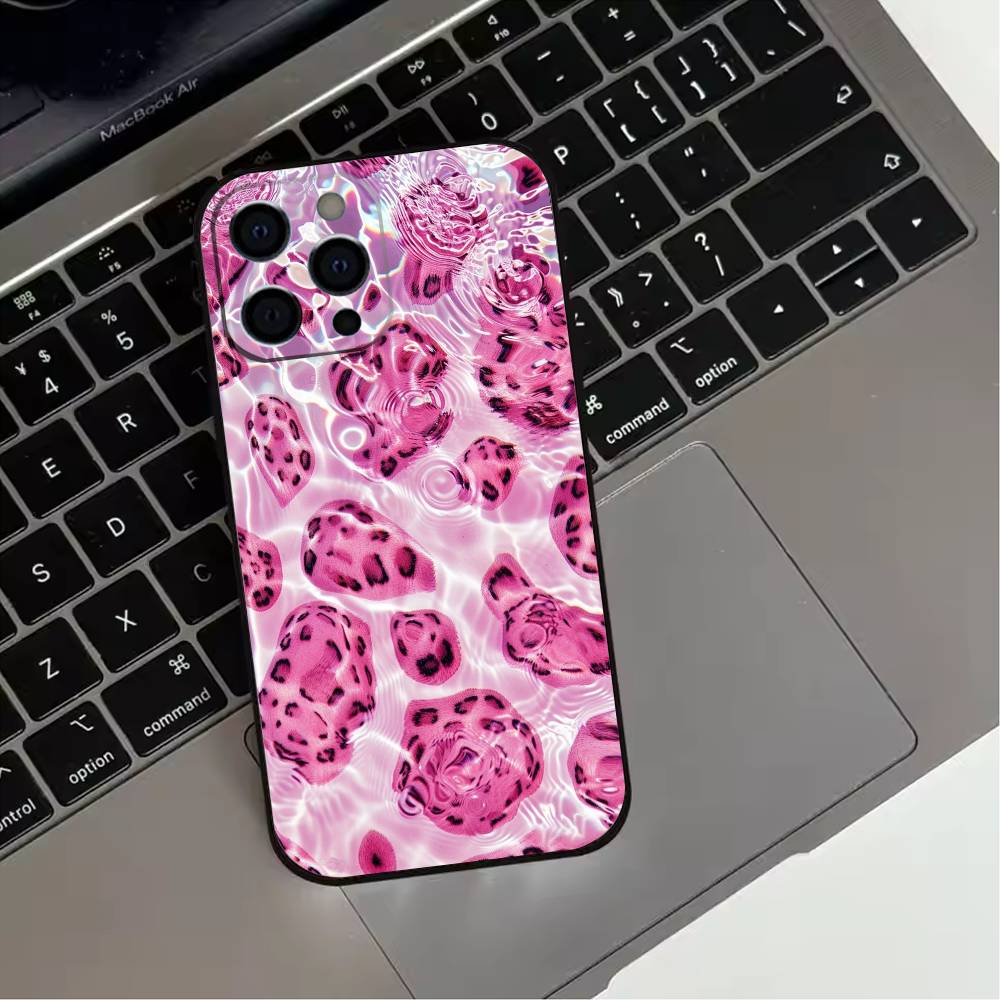 Fashion Pink Leopard Print Phone Case For iPhone 17,16,15,14,13,12,11 Plus,Pro Max,XS,Soft Silicone Black Cover