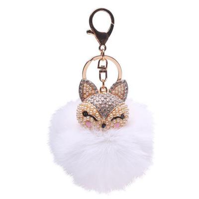 Fox Fur Ball with Artificial Fox Head Inlay Pearl Rhinestone Key Chain