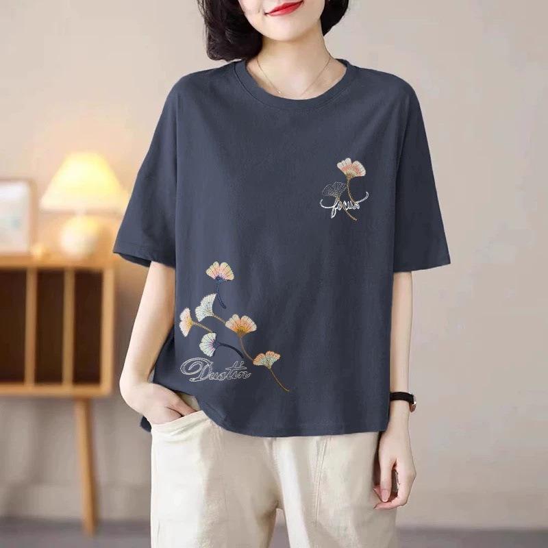 Women Ginkgo Leaf Embroidered Crew Neck Short Sleeve Loose T Shirt