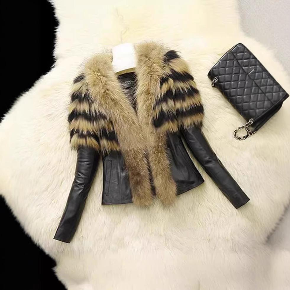 Two-Piece Striped Faux Fox Fur Leather Coat
