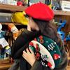 New Christmas Beret Retro Red Hat Female Winter Bow Christmas Tree Beret Warm Student Hat Female Painter Hat New 2024