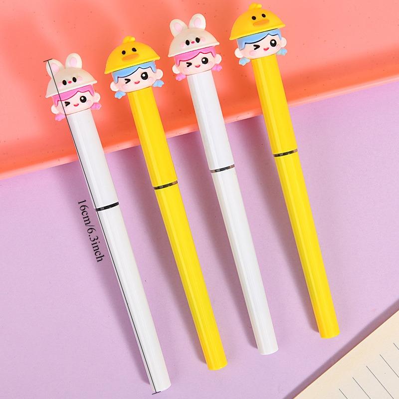 36 Pcs Cute Girl Wearing Hat Pen with Core Changing Straight Liquid Quick Drying Ballpoint Pen for Office Work, Brushing Questions, Signing Writing,