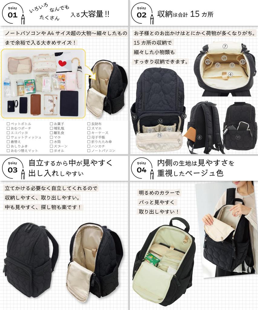 large abk002 [ON NISHIKI] Mother's backpack, mother's bag, capacity, lightweight, multi-functional, quilted, unisex, self-supporting, one-touch