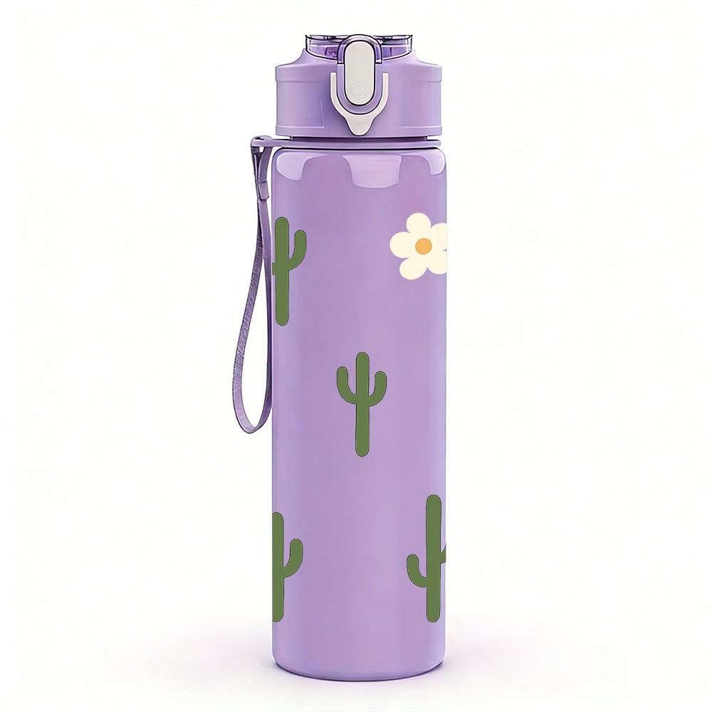 1PC Simple Desert Cactus Plant Pattern 750ml Color Plastic Sports Water Bottle Leakproof Flip Straw Lid Suitable for Sports Office Home Use