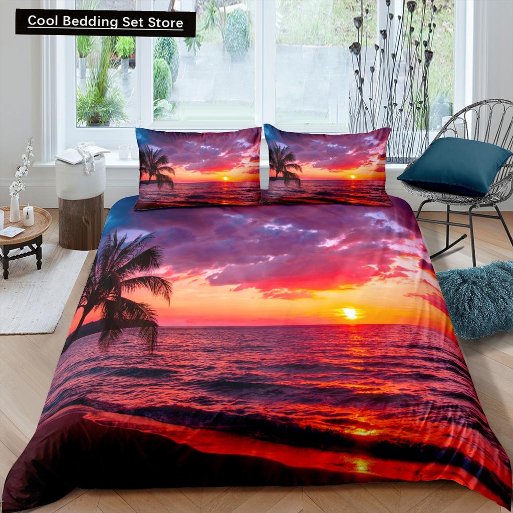 Tropical Coconut Palm Tree King Queen Duvet Cover Hawaii Seaside Sunset Bedding Set Sunrise Plant 2/3pcs Polyester Quilt Cover