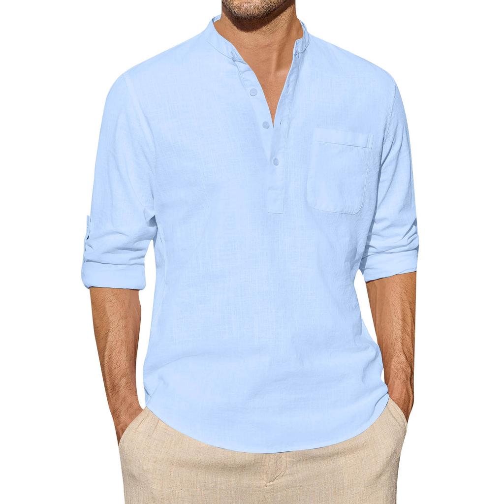 Designer Spring Summer Men's Casual Cotton Linen Solid Color Long Sleeve Shirts Loose Stand Collar Shirts