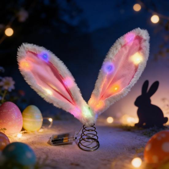 Easter Rabbit Ear Tree Topper with LED Light Plush Bunny Ears Christmas Tree Top Decoration with Metal Spring Easter Home Holiday Party Ornament