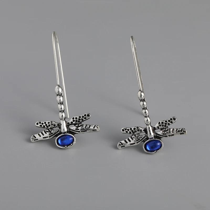 

Женские серьги-стрекозы серебряного цвета в стиле ретро, ​​инкрустированные синими камнями, висячие серьги для женщин, вечерние, помолвочные, модные украшения синий