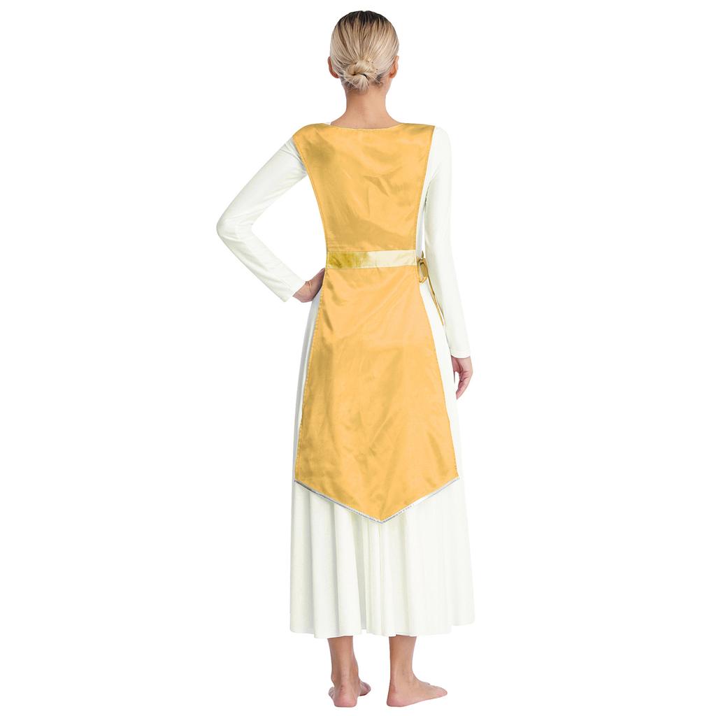 Women Church Worship Robe Choir Performance Tunic Metallic Patchwork Lace Up Sides Split Satin Dress