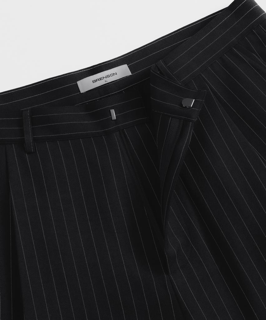 BRENSON Fluid Stripe Single-Pleat Slacks (Black)