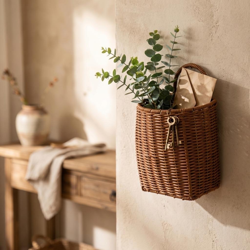 Wall Mounted Wicker Basket Storage Container Rattan Style Decorative Hanging Organizer for Living Room Bedroom Wall Mounted Storage Basket
