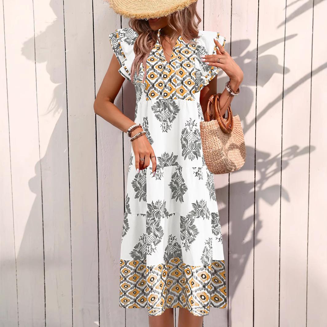 

Women s Summer Flying Sleeves V-neck Dress Floral Print Stand Collar Midi Dress XXL жовтий