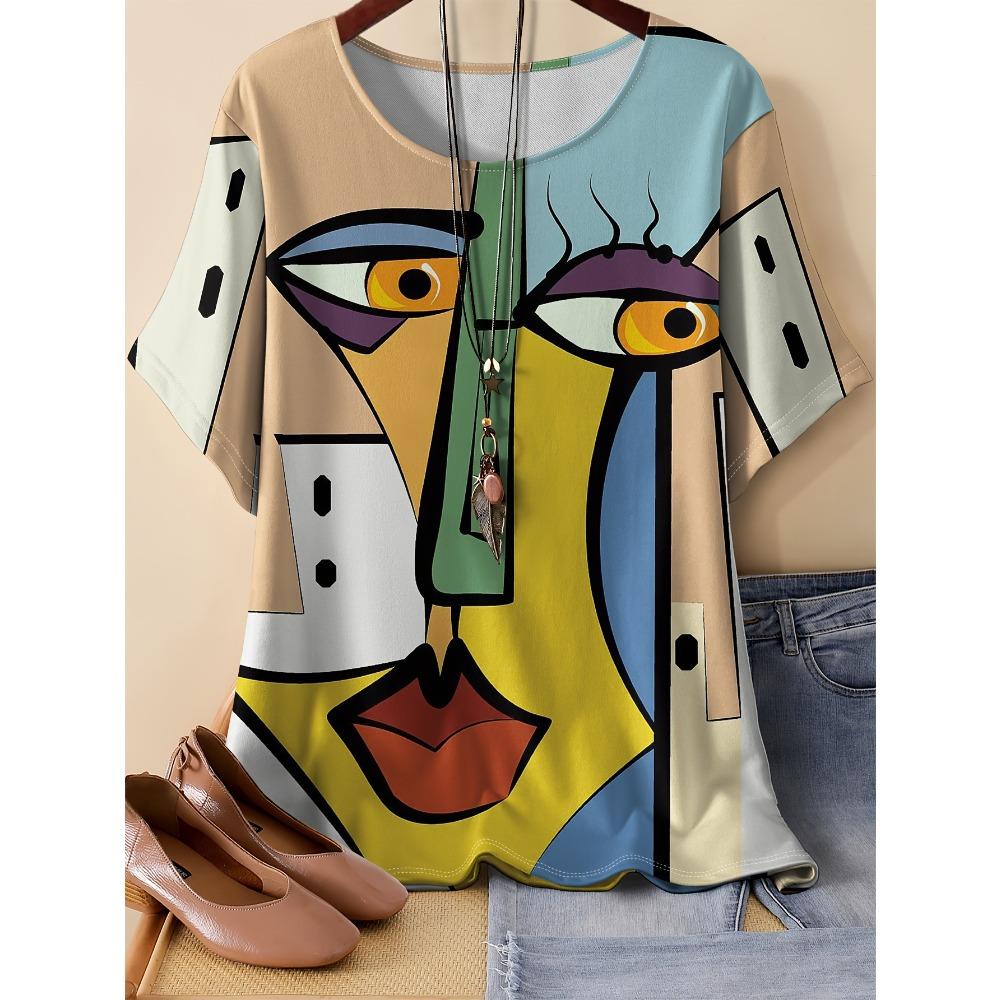 Summer Women's Vintage Style Flower Round Neck T-shirt 3D Printed Short Sleeved Fashionable Comfortable Soft Breathable Large Loose T-shirt