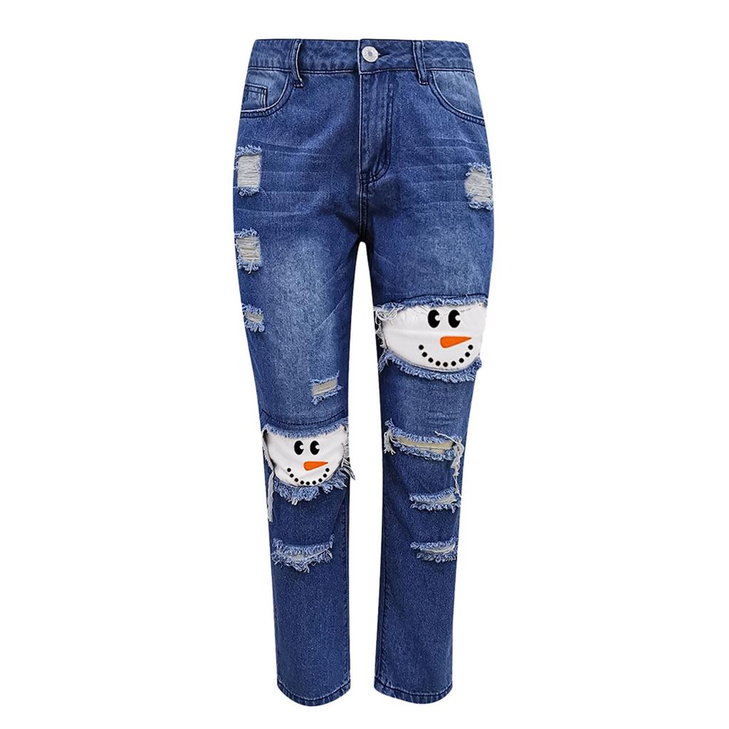Women Jeans Snowman Print Ripped Jeans 