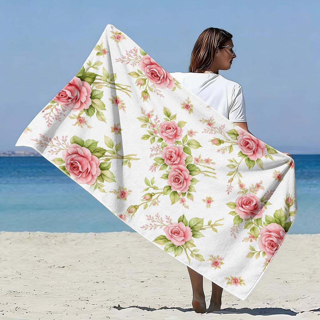 1Pc Romantic Countryside Large Rose Pattern Beach Towel Soft Ultrafine Fiber Swimming Beach Portable Blanket