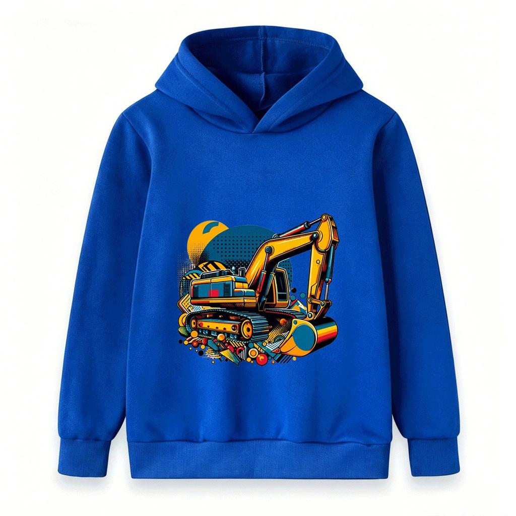Kids Excavator Print Hoodie Sweatshirt, Cartoon Construction Vehicle Pullover for Boys Girls, Casual Long Sleeve Tops for Daily Wear