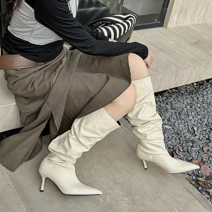 2025 podzim nové evropské a americké špičaté tenký podpatek vysoký podpatek temperament francouzské sexy krásné dámské boty plisované shrnovací boty