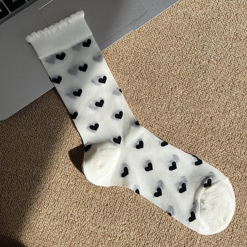 Ladies Spring and Summer Thin Love Crystal Silk Auricle Lace Breathable Cylinder Stack Socks