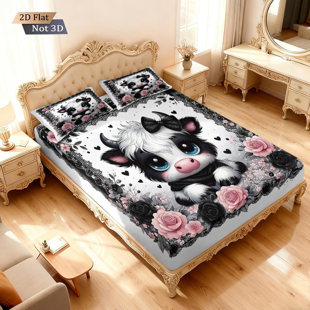 3 Valentine's Day Highland Cow Print Coreless Bed Sheet Set Multi Size Soft Bedcover Bedroom Bedding Decoration Machine Washable