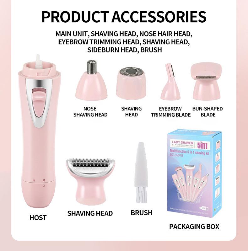 USB Rechargeable 5-in-1 Women's Hair Remover - Multi-functional Trimmer for Nose, Eyebrows, and Sideburns