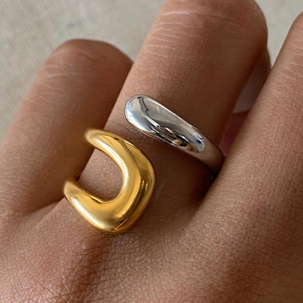 Yori Stainless Steel Natural Stone Turquoise Hyperbolic Ring Women Bohemian Golden Personality Waterproof Jewelry