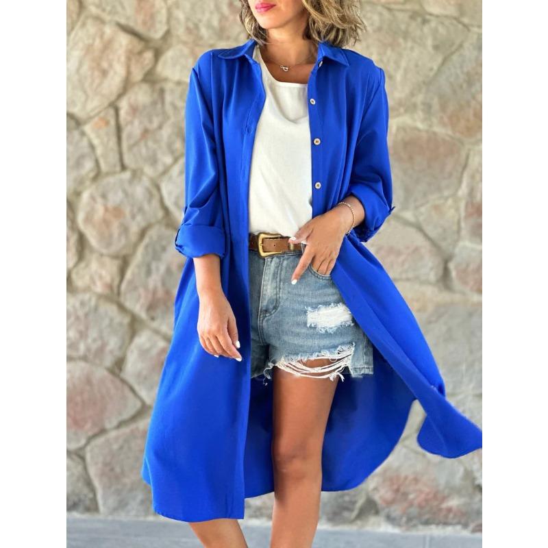 JKASHDK Women's Fashion Spring Fall Solid Color Print Long Sleeve POLO Neck Loose Waistline Casual Dresses