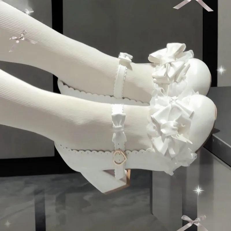 Urocze Damskie Buty Mary Jane na Średnim Obcasie Kokardka Koronka Urocze Buty Lolita Okrągły Nosek Grubszy Obcas Słodkie Szpilki Zapatos De Mujer