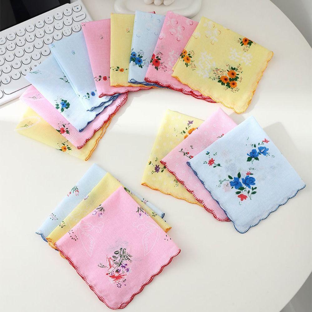 12Pcs Vintage Style Women's Printed Handkerchiefs 28x28cm Breathable Square Hand Towel Tooth Edge Sweat Absorbent