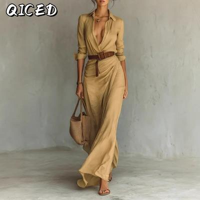 Women's Fashion Autumn Winter Solid Color Print Long Sleeve Casual Dresses