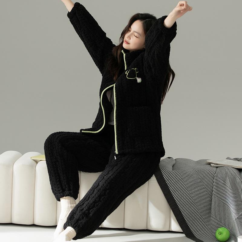 Coral Velvet Quilted Pajamas Women's Winter Three Layer Thick and Fleece Home Wear Women's Winter Flannel Thermal Set