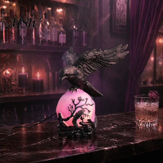 Gothic Halloween Crow Light Lamp, with Purple Ball, Resin Night Light, Realistic Sculpture USB Powered Dark Style Statue for Bedroom Living