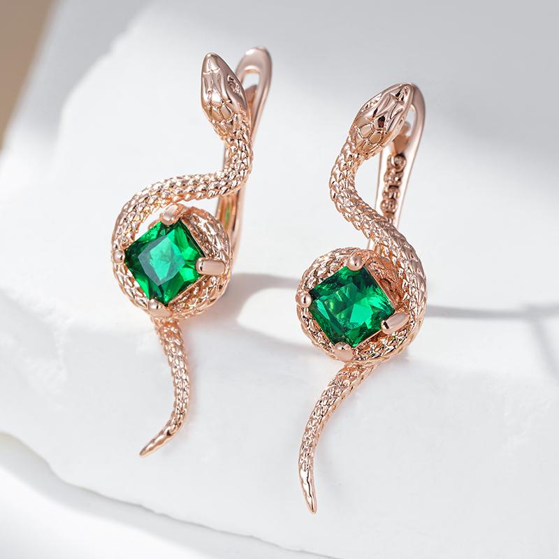 Green Natural Zircon Snake Drop Earrings For Women Fashion Rose Gold Color Vintage Daily Punk Animal Jewelry