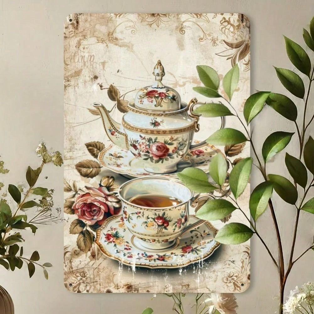 Vintage Rose Cup Metal Wall Poster 8x12 Inch Cafe Decor Gift