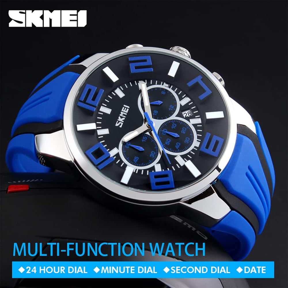 Men's Big Face Analog Chronograph Watch Blue Silicone Waterproof Sports Design