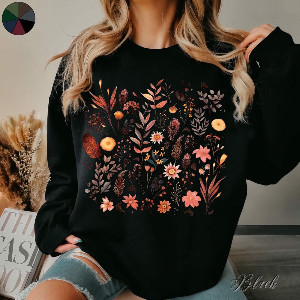 Vintage Forest Wildflowers Print Sweatshirt For Women Botanical Wild Flower Jumper Crewneck Unisex Fleece Sweatshirt Streetwear