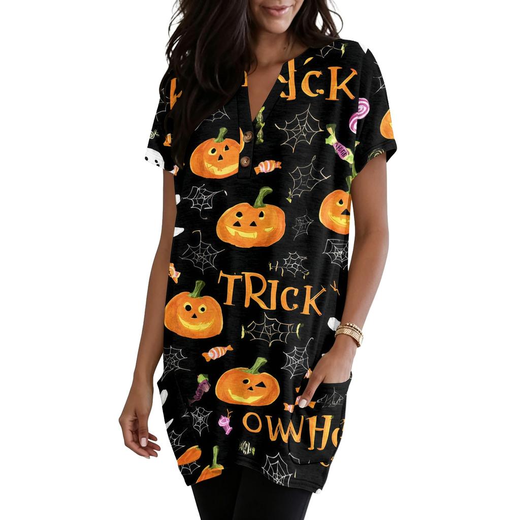 Women V Neck Pullover Dress Short Sleeve Halloween Print Pocket Casual Loose Fit Tunic Dress