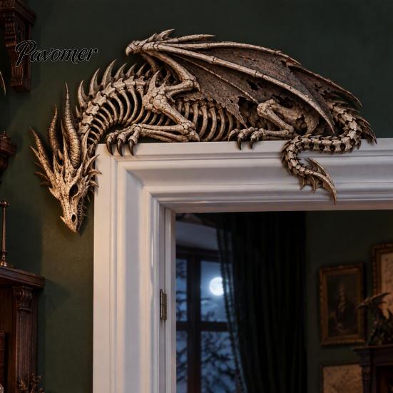 Collectible Dragon Figurine Sleeping Door Topper, Medieval Fantasy Wall Decor for Doorway, Rustic Home Accessories Corner Decor, No Drill