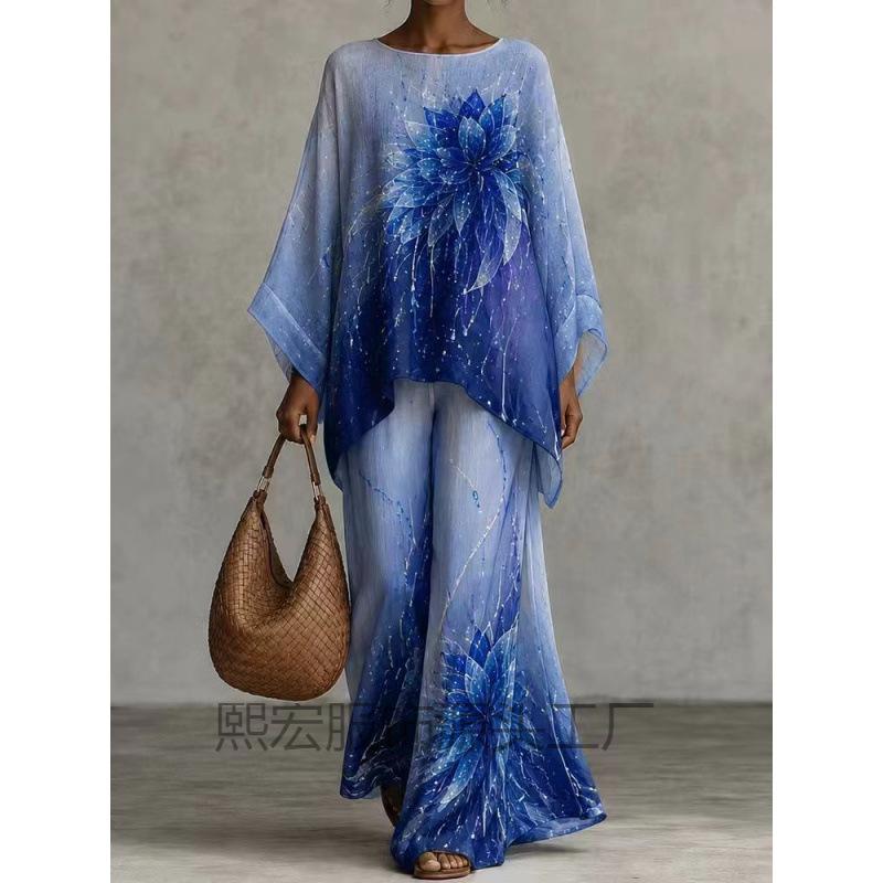 European and American loose bat sleeve top + wide-leg trousers set 1116 European and American women's clothing two-piece set