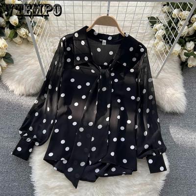 Şifon Gömlek Kadın Yaz Kıyafeti Tatlı Polka Dot Kabarcık Kollu Çok Yönlü Taban Gömlek Üst Kadın