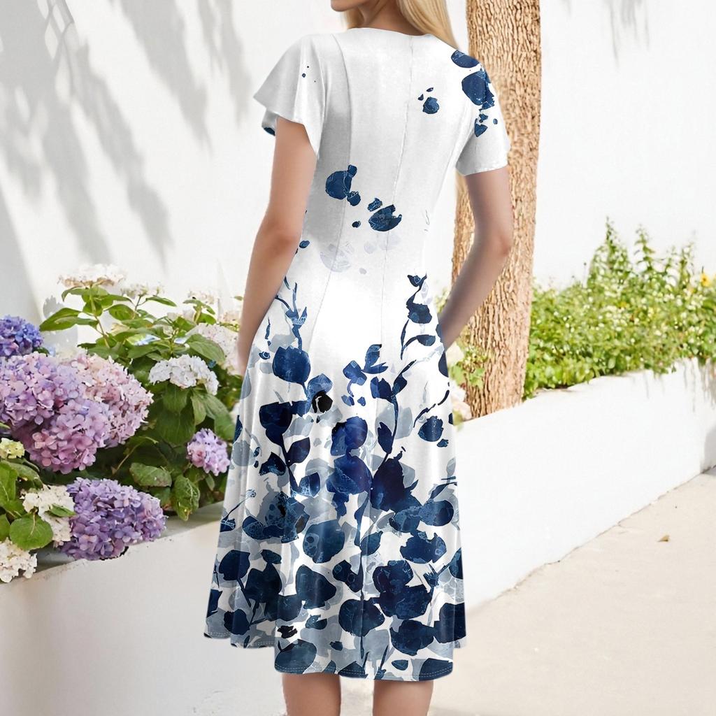 Women's Casual Fashion V-neck Short Sleeve Print Dress With Pockets