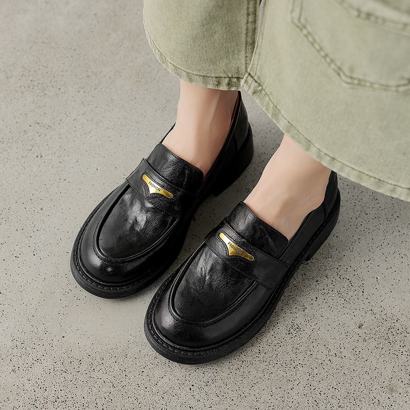 Krazing Pot Sheepskin Round Toe Low Heels Autumn Summer Shoes Slip on Women Oxford Shoes Metal Fasteners Pumps