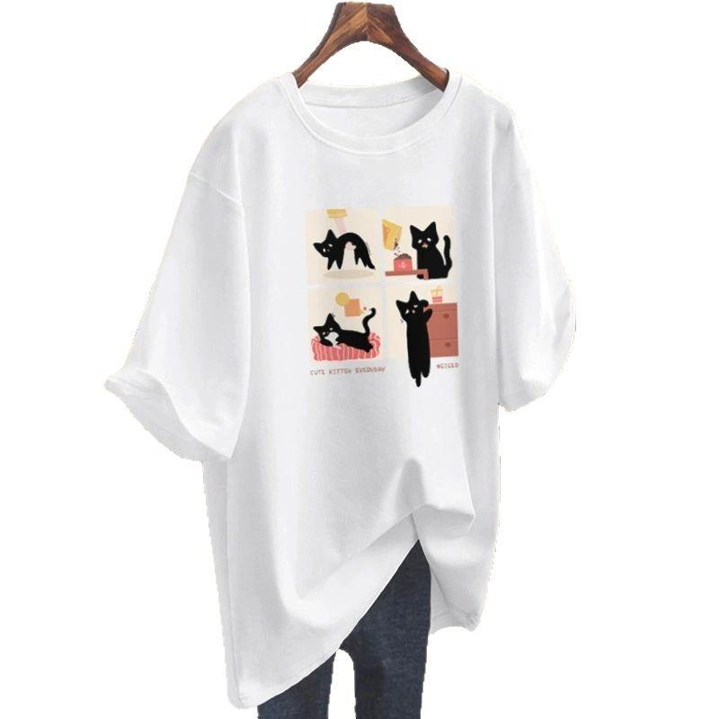 Cartoon Short-sleeved T-shirt Women's Summer New Large Size Loose Medium and Long Half-sleeved T-shirt Pure Cotton Top Bottoming Shirt