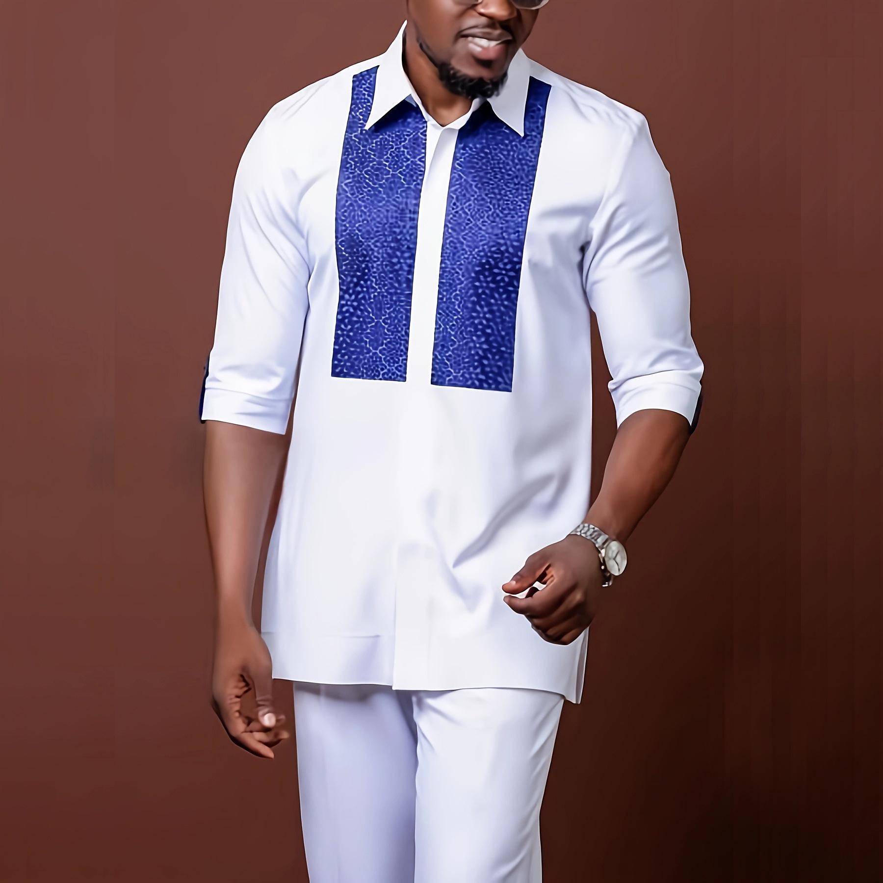 -Vielseitiger Hochzeitsanzug für Herren im afrikanischen Stil: 2-teiliges Set mit Rundhals-Langarmtop und Hose L blue