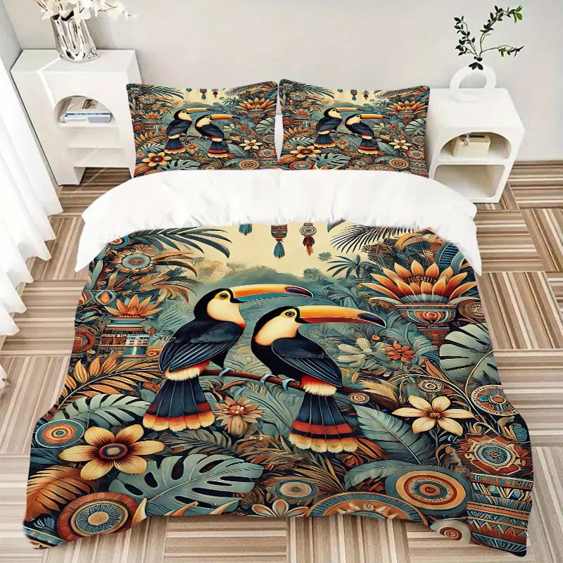 3pcs bedding set Tropical Birds Includes 1 Comforter + 2 Pillowcases, Without Pillow Inserts, Soft Comfortable, Lightweight Breathable, Prin